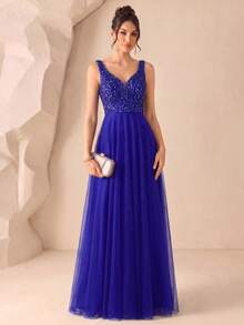 XUCTHHC Elegant Heart Neckline Sleeveless Sequin Mesh A-Line Formal Party Dress, Suitable For Prom, Wedding Guest, Bridesmaid, Holiday - Royal Blue - View 2