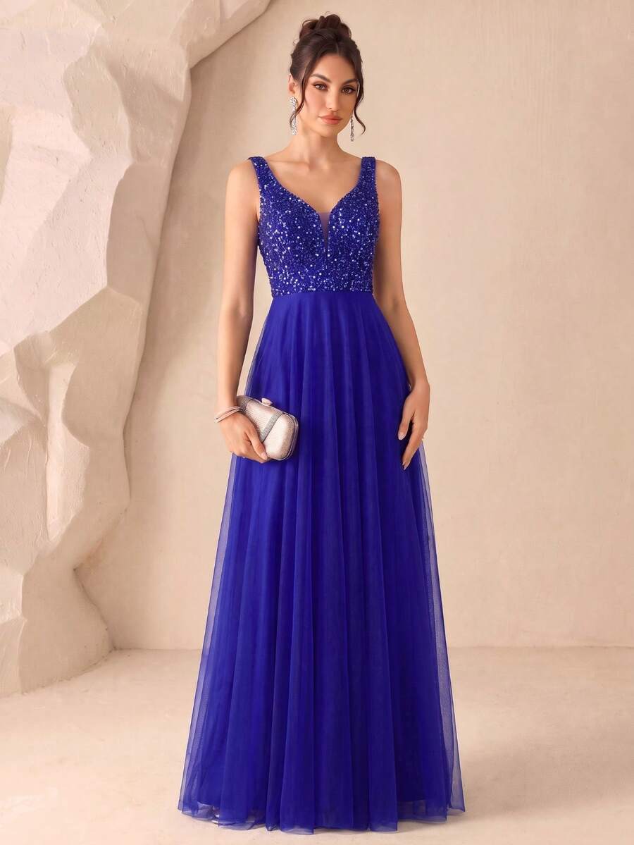 XUCTHHC Elegant Heart Neckline Sleeveless Sequin Mesh A-Line Formal Party Dress, Suitable For Prom, Wedding Guest, Bridesmaid, Holiday