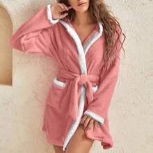 Women's Fashion Casual Loose Solid Color Long Hooded Tie-Front Bathrobe - Coral Pink - View 1