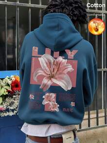 Men's Fleece Hooded Sweatshirt With Lily Pattern And Text Decoration, Y2K Style, Autumn/Winter - Cow Blue - View 3