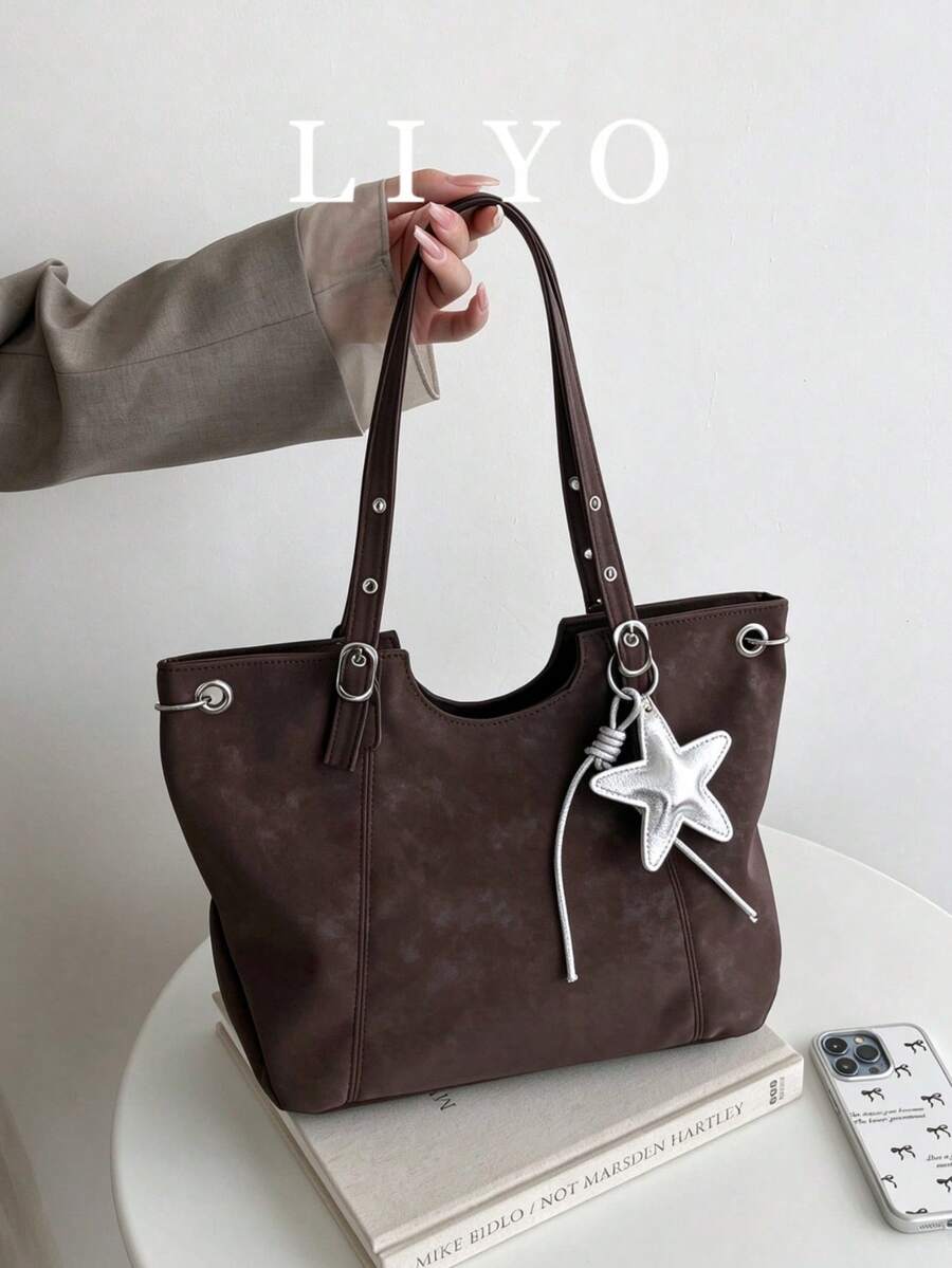 Women's Large Capacity Tote Bag, Vintage Dark Brown Large Shoulder Bag, Versatile Commuter Handbag With Star Pendant Decoration