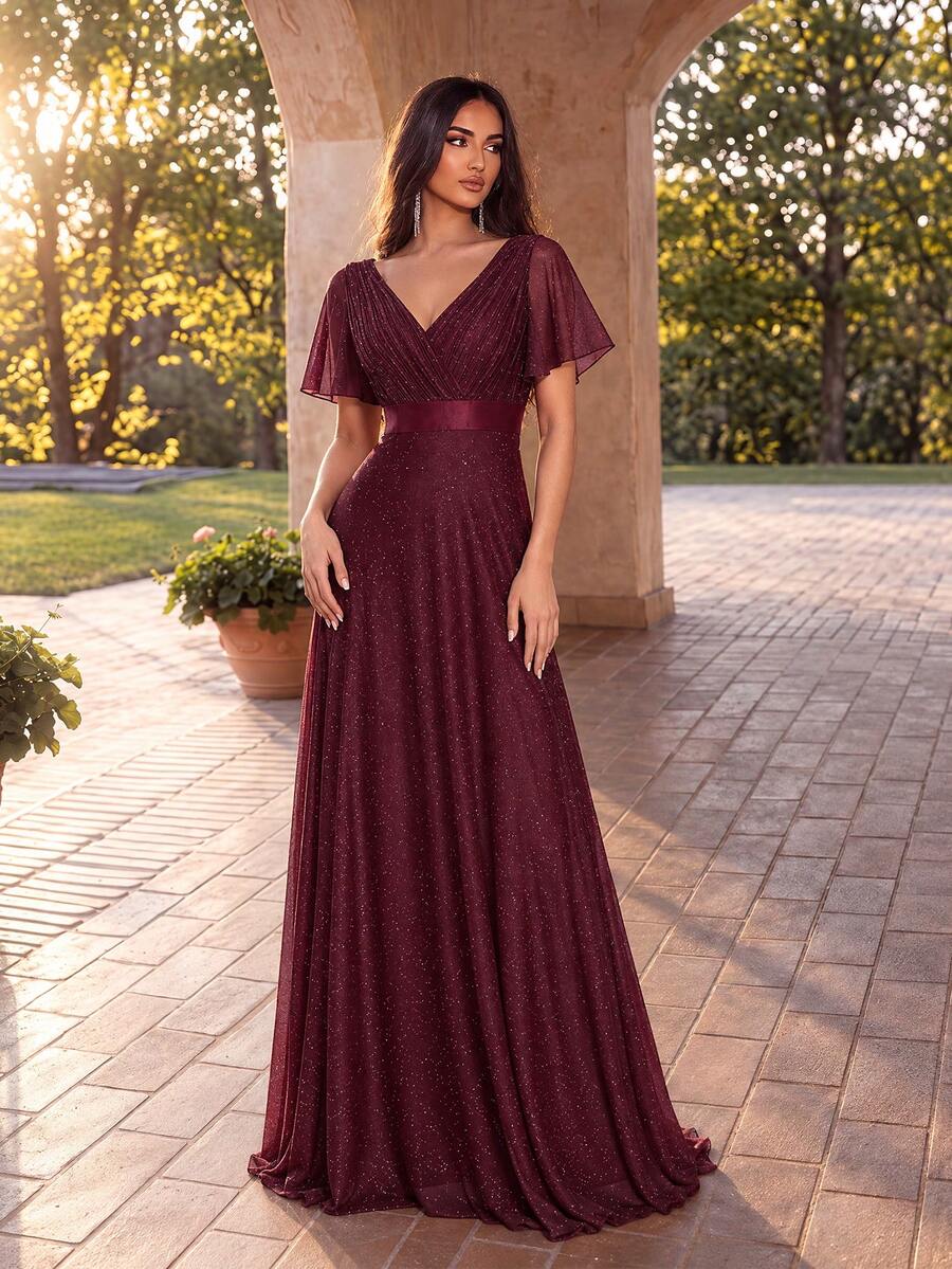 EVERPRETTY Gaun Bridesmaid Wanita Elegan Berkilau Leher V Lengan Ruffle Warna Burgundy untuk Pernikahan Musim Gugur
