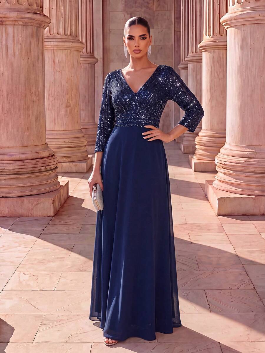 Elegant Patchwork Sequin Evening Gown For Autumn, Suitable For Formal Dinners Or Semi-Formal Occasions