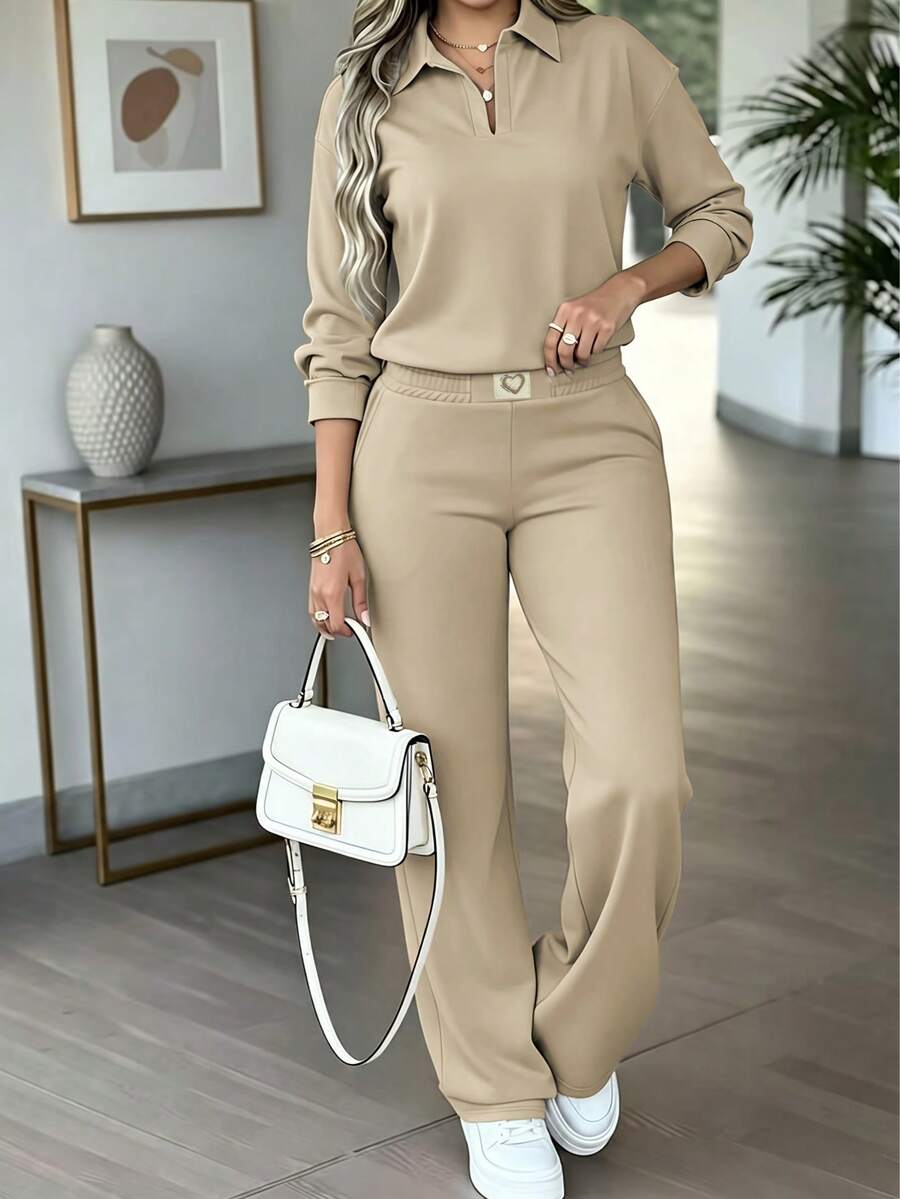 Women's Spring/Autumn Casual 2 Pieces Set, New Fashion Solid Long Sleeve Top With Heart Brand Print Pants, Spring Break Outfit - Apricot - View 1