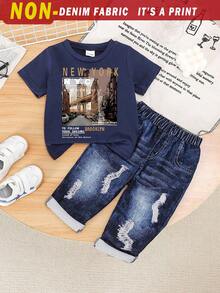 2pcs Baby Boy/Girl Casual Letter & Graphic Print Short Sleeve T-Shirt And Denim Effect Print Pants Set, Comfortable & Lightweight For Summer - Navy Blue - View 1