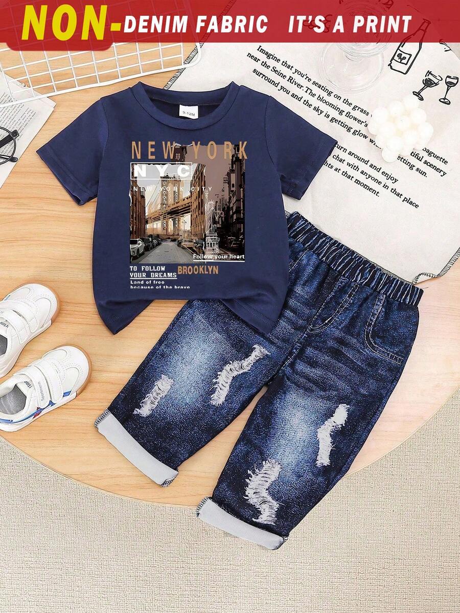 2pcs Baby Boy/Girl Casual Letter & Graphic Print Short Sleeve T-Shirt And Denim Effect Print Pants Set, Comfortable & Lightweight For Summer - Navy Blue - View 1