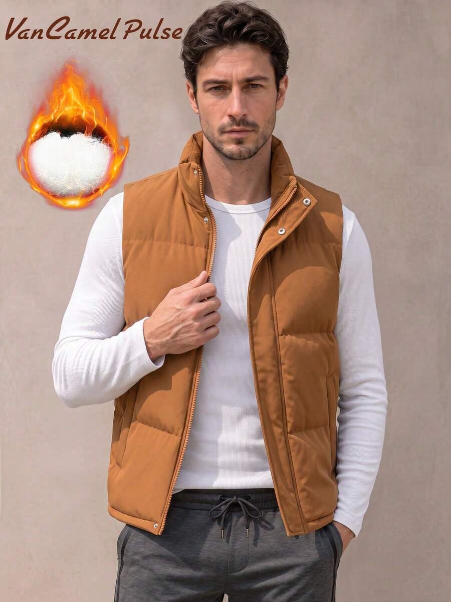Vancamel Pulse Men's Vest, Minimalist Solid Color Outdoor Warm Stand Collar Sleeveless Jacket, Comfortable Sports Casual Versatile Top - Orange - View 1