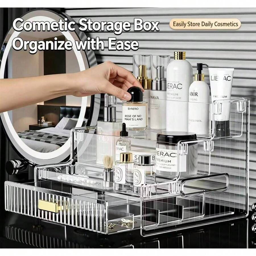 1pc 3‑Tier Drawer‑Style Desktop Storage Box,Multifunctional Vanity Organizer&Vanity Decor,Desk Organizer,Drawer Organizer For Organizers Storage,For Earrings,Lipsticks&Small Trinkets,Ideal For Bedroom Dresser,Dorm,Home Desk And Office Study Organizer - Multicolor - View 1