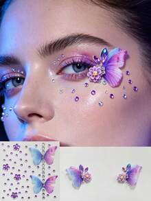 Tiebeauty 2pcs Blue-Purple Gradient Fabric Butterfly Face Rhinestone Sticker Set, 3D Flower Rhinestone Face Decor Stickers, Self-Adhesive Fairy Butterfly Face Jewels, Suitable For Music Festival, EDM Party, Cosplay, Christmas Party Makeup - Multicolor - View 2