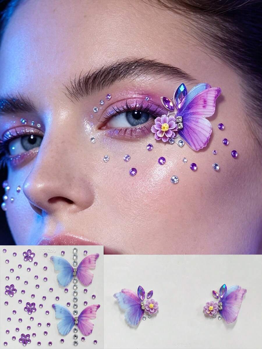 Tiebeauty 2pcs Blue-Purple Gradient Fabric Butterfly Face Rhinestone Sticker Set, 3D Flower Rhinestone Face Decor Stickers, Self-Adhesive Fairy Butterfly Face Jewels, Suitable For Music Festival, EDM Party, Cosplay, Christmas Party Makeup