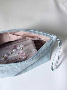 Mint Blue Large/Small PU Makeup Bag Pencil Case Litchi Grain Soft Stationery Cosmetic Storage Bag With Handle - Pu - View 7