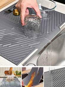 1pc Silicone Drainage Mat, Sloped Bowl & Cup Rack Pad, Bathroom Drainage Filter Mat, Non-Slip Kitchen Dining Table Mat, Placemat/Coaster, Kitchen Supplies, Heat Resistant, Sink Edge Non-Slip Kitchen Mat, Home And Kitchen Decor - Dark Grey - View 2