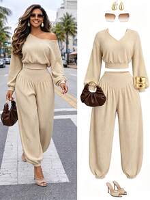 Aliling Autumn/Winter Fashion Women's Solid Color V-Neck Long Sleeve Cropped Top + Lantern Pants 2 Pieces Set, Asymmetrical Shoulder Design, Elastic Textured Fabric, Suitable For Daily Outings And Shopping - Apricot - View 5