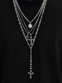 4pcs Gothic Punk Cross Pendant Necklace, Long Metal Chain Necklace Set, Can Be Worn Separately Or Layered, Men's Unique Charm Jewelry, Holiday Gift - Antique Silver - View 8