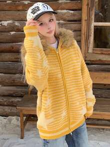 Women's American Retro Striped Star Pattern Oversized Fur Collar Hooded Cardigan Sweater, Thick Autumn/Winter Coat - Yellow - View 3