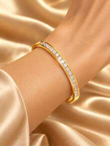 1 pieza Brazalete abierto de acero inoxidable chapado en oro de 18K, pulsera de muñeca con incrustaciones de strass transparente, joyería vintage apilable para mujer - Dorado - Ver 2