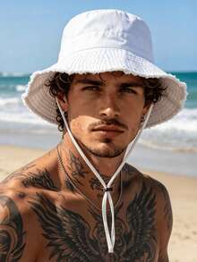 1pc Men's Wide Brim Bucket Hat, Adjustable Chin Strap Design, Sun Protection & Windproof, Fashionable Style, Suitable For Travel, Beach, Daily Casual Wear - A - View 3