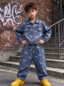 Boys' Toddler Autumn Spring All-Season Loose Fit All-Over Print Long Sleeve Denim Jacket And Denim Pants 2 Pieces Set, Suitable For Back To School, Daily Wear And Outdoor Activities - Baby Blue - View 4