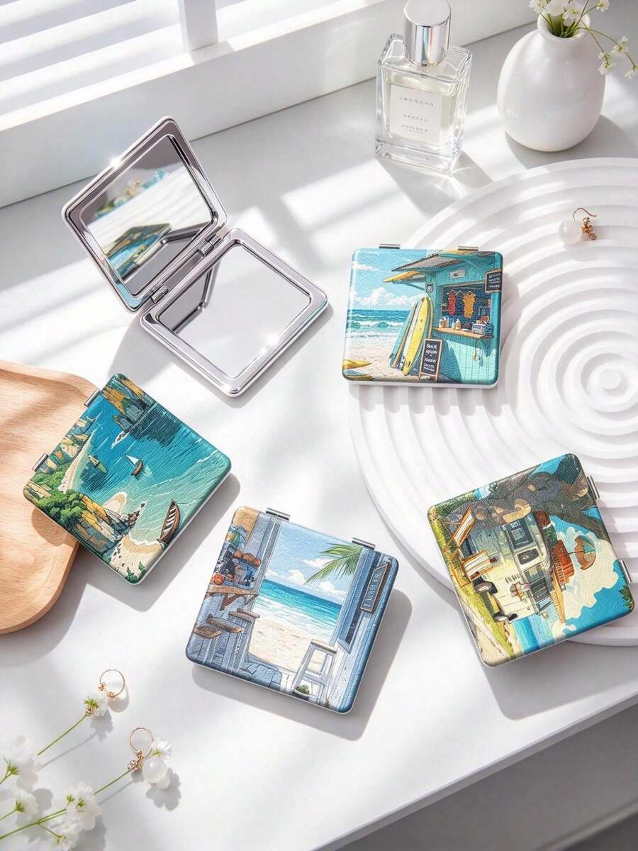 1PC Ins Landscape Series Portable Vanity Mirror, Foldable Lightweight Ultra-Thin Convenient Hand Mirror, PU Leather, Suitable For Multiple Scenarios And All People, Foldable Small Square Mirror, Pocket Mirror, Fresh Ocean Sailboat Beach Printed Pattern Design, Exquisite Handheld 180° Flip Cover Multi-Function Mini Mirror - Multicolor - View 1