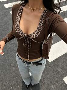 Women's Knitted Long Sleeve Top, Leopard Print Trim, Fashionable Brown Regular Length Shirt, Suitable For Autumn Wear - Mocha Brown - View 7