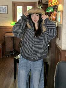 Autumn/Winter American Style Lazy Loose Hooded Striped Brushed Fleece Zip-Up Jacket With Fur Collar - Grey - View 2