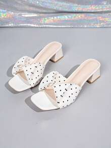 Women Polka Dot Bow Pearl Slide Slippers, Square Toe Chunky Block Heel Open Toe Mule Sandals Summer Dress Shoes - White - View 1