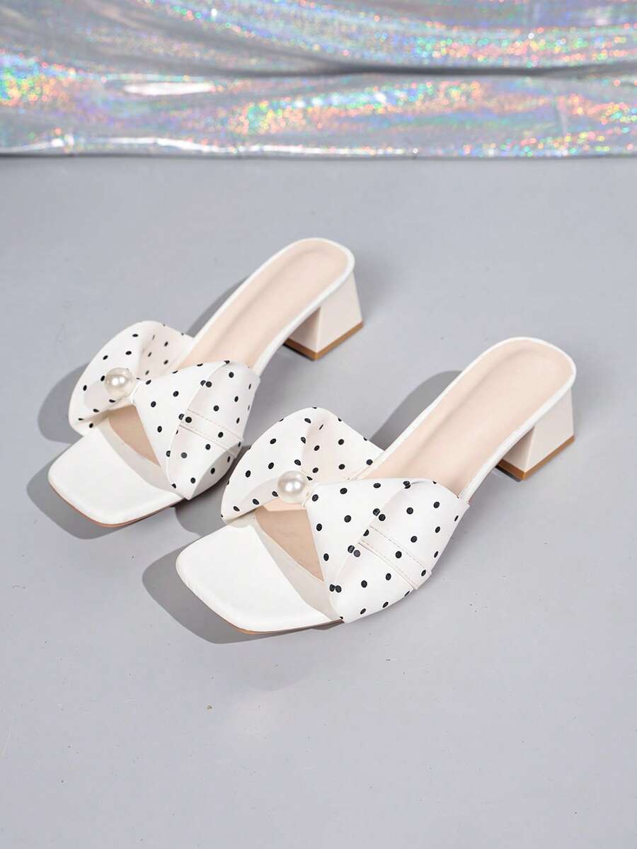 Women Polka Dot Bow Pearl Slide Slippers, Square Toe Chunky Block Heel Open Toe Mule Sandals Summer Dress Shoes - White - View 1