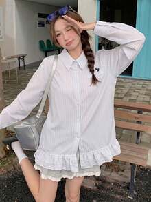 Korean Style Casual Vertical Striped Collared Long Sleeve Shirt With Small Embroidery Pocket, Waist-Cinching Ruffle Hem, Slimming Fit For Women, Autumn/Winter - White Stripes - View 1