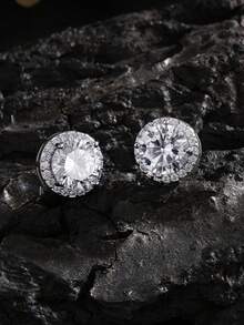 2pcs Men's Personalized Minimalist Copper Cubic Zirconia Round Stud Earrings, Suitable For Men's Autumn Daily Commute Outfit Layering Jewelry - Earrings - View 7