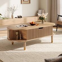 Living Room Coffee Table, Lift-Top Center Table With Storage, MDF, Rubberwood Legs, Fluted Sliding Door - Oak - View 2