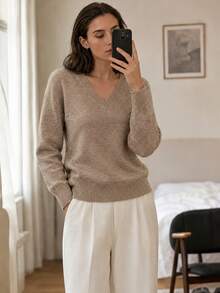 Women's Elegant Vintage Fashion Wool Long Sleeve Sweater, Loose Fit, 15% Wool Content, Lightweight Luxury Minimalist Commute V-Neck Solid Color Long Sleeve Top, Quiet Luxury Style, Suitable For Home, Daily Wear And Outdoor Commute, Perfect For Women's Office, Campus And Teacher Outfits - Khaki - View 5