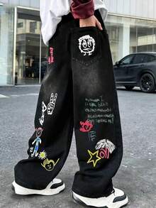 Tween Boy Graffiti Denim Jeans, Kids' Printed Long Pants, Multi-Pocket Loose Wide Leg Durable Stain-Resistant HIP-POP Street Style Spring Autumn Versatile Student Outdoor Casual Pants - Black - View 5