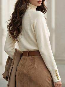 DONICY Women Elegant Outfit Autumn Winter Turtleneck Knit Sweater, Raglan Sleeve Short Slim Top With Metal Cuff Buttons - Apricot - View 2