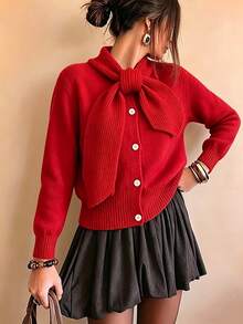 Vintage Style Women's Knitted Cardigan, Large Bow Decor, Front Button Closure, Long Sleeve, Suitable For Autumn/Winter - Red - View 4