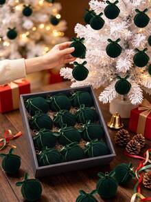 12pcs Velvet Christmas Ball Ornament,Dark Green Flocked Christmas Tree Hanging Ornament,Velvet Xmas Ball Ornament With Bow,Flocked Xmas Ball Decorative Hanging Ornament Set For Xmas Tree Holiday Wreath Garland Fireplace Decor,Xmas Party Hanging Decor - A - View 3