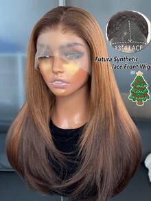 Brown Highlighted Kanekalon Futura Synthetic Hair 13x4 Lace Front Wig For Women, 18 Inch Medium Length Wavy Curly Hair With Curtain Bangs, Glueless Durable, Middle Part, 150% Density, Ready To Wear, Suitable For Daily, Party, Holiday, Vacation Use, Beginner Friendly Wig, Halloween - Brown Highlight - View 2