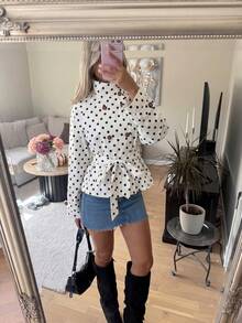 Women's Polka Dot Drawstring Loose Windbreaker Jacket, Casual Wear For Autumn & Winter Vacation - Apricot - View 2
