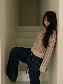 Áo cardigan len dệt họa tiết hoa, cổ tròn, cài nút trước, tay dài, dáng vừa, co giãn, màu be, phong cách vintage thường ngày cho nữ, mùa thu - Màu Khaki - Xem 5