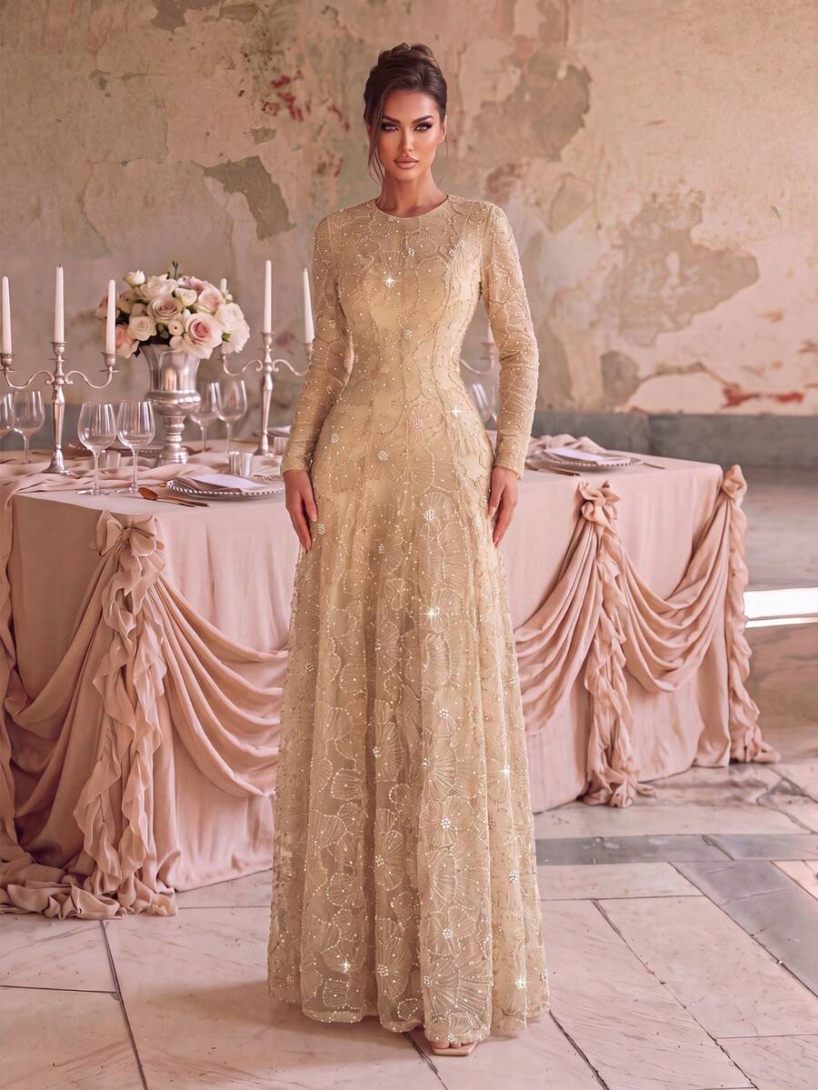 Romantic Women's Formal Maxi Dress, Sequin Embellished Long Sleeve Gown With Round Neck And Flared Hem, Perfect For Evening Parties - Champagne - View 1