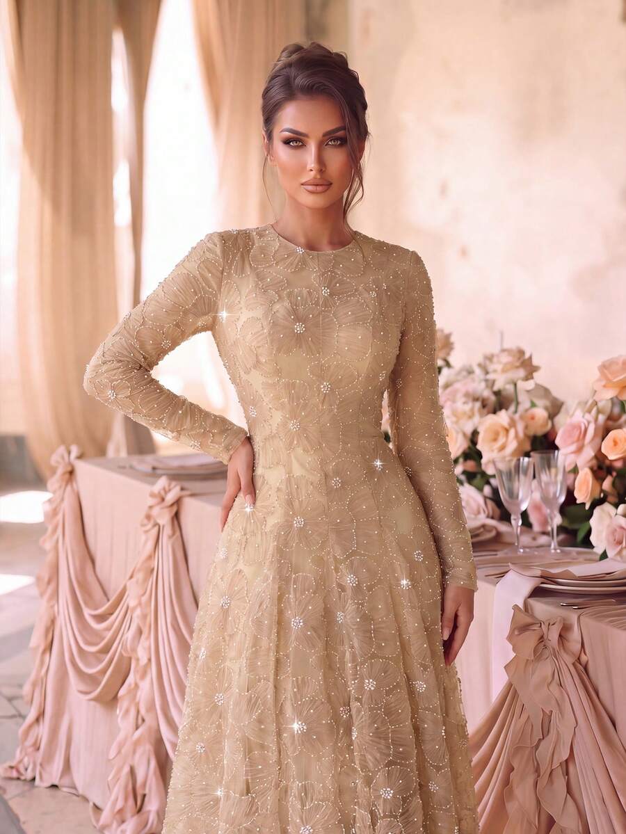 Romantic Women's Formal Maxi Dress, Sequin Embellished Long Sleeve Gown With Round Neck And Flared Hem, Perfect For Evening Parties - Champagne - View 1