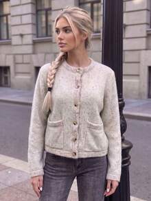 Women's Short Crew Neck Long Sleeve Button Front Ribbed Knit Cardigan With Pockets, Slightly Elastic, Autumn/Winter - Apricot - View 3