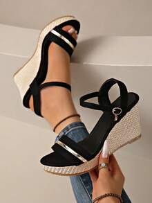 2026 New Women's Cross Strap Wedge Sandals, Open Toe Adjustable Buckle Straw Woven Thick Sole High Heel Summer Beach Walking Shoes - Black - View 2
