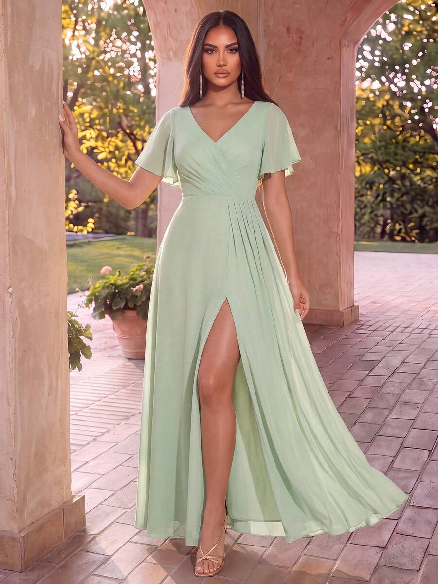 EVERPRETTY Romantic Butterfly Sleeve Ruffle Hem Chiffon Maxi Bridesmaid Dress, Sage Green, Spring - Mint Green - View 1