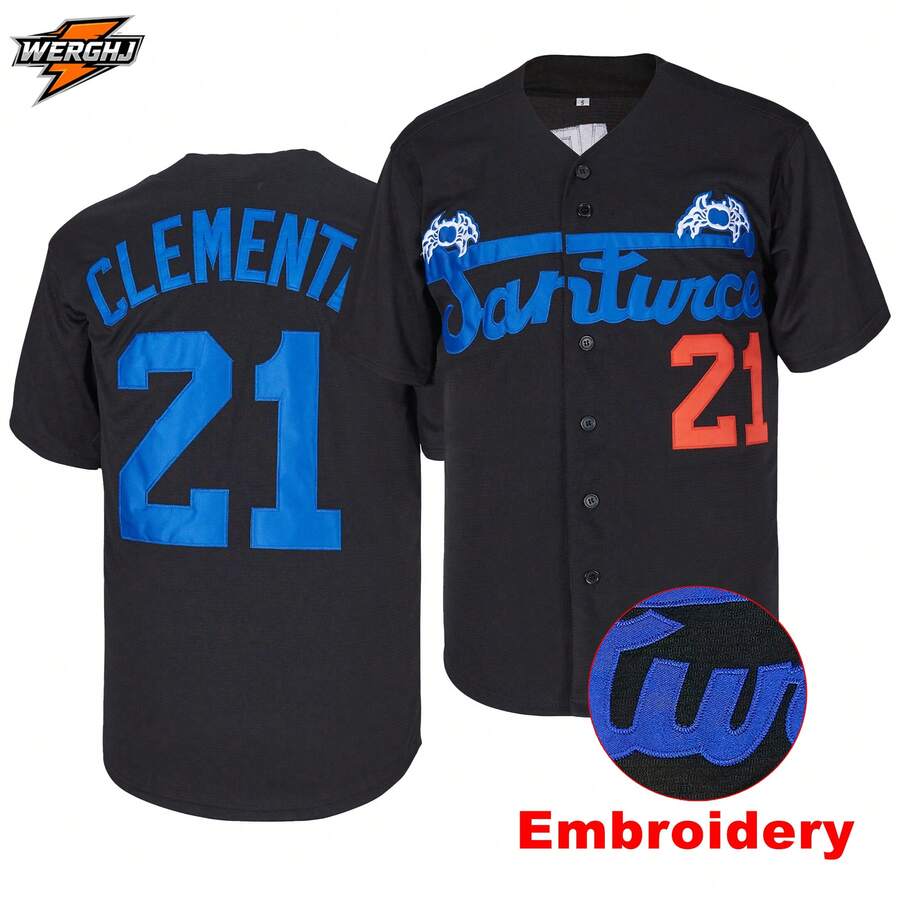 Jersey Baseball Bordir Clemente #21 Santurce Crabs Pria, Pakaian Baseball Peringatan Penggemar Retro Hitam Puerto Rico