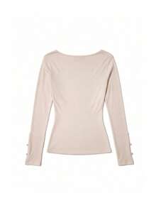 Women's Versatile Chic Fall Winter Solid Square Neck Slim Fit Top, Bow Cutout Design Long Sleeve Base Layer For Dating, Travel, Daily - Apricot - View 8