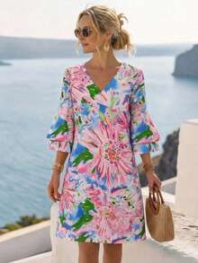 (Non-Positioning Print) Women's All-Over Print Vacation Style Casual Dress Pink Spring Elegant - Pink - View 1