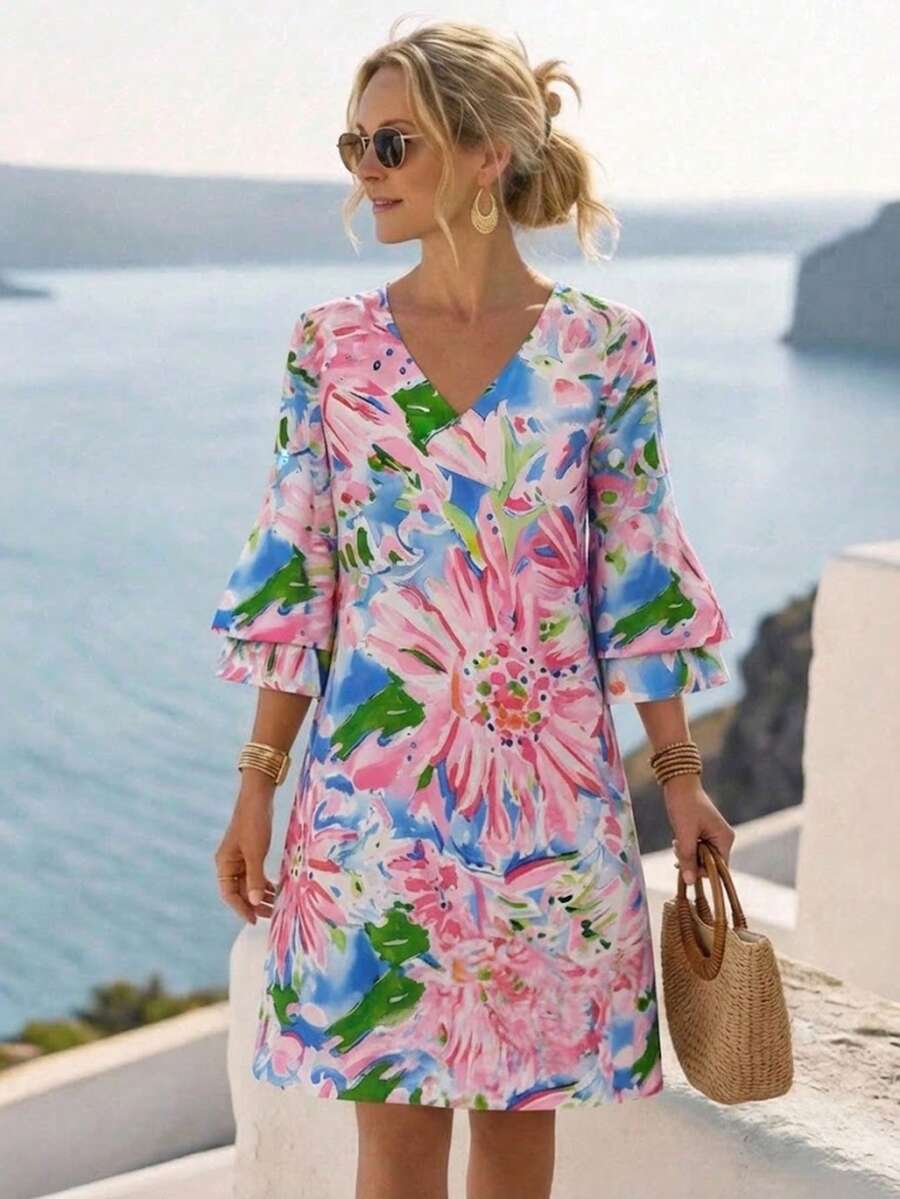 (Non-Positioning Print) Women's All-Over Print Vacation Style Casual Dress Pink Spring Elegant - Pink - View 1