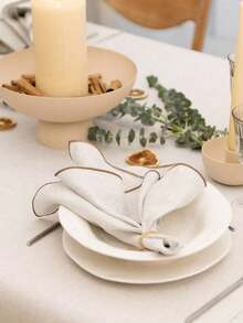 1pc Minimalist Style Linen Napkin With Beige Borders - Beige - View 5