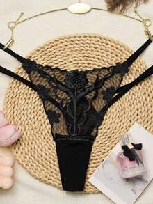 1pc Sexy Ladies Rose Embroidery Transparent Mesh Thong Panties, Low Waist G-String For Going Out - Black - View 4