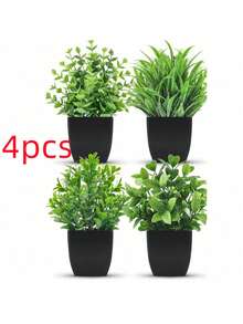 1組（包含1、2、3、4種不同組合）黑色花盆附小型人造植物，適合浴室與臥室，含塑膠尤加利葉與迷你小麥草，精美迷你人造盆栽植物，適合居家辦公室、農舍風、浴室、桌面、層架等室內裝飾，室內辦公桌人造植物裝飾理想選擇 - 綠色 - 查看 10